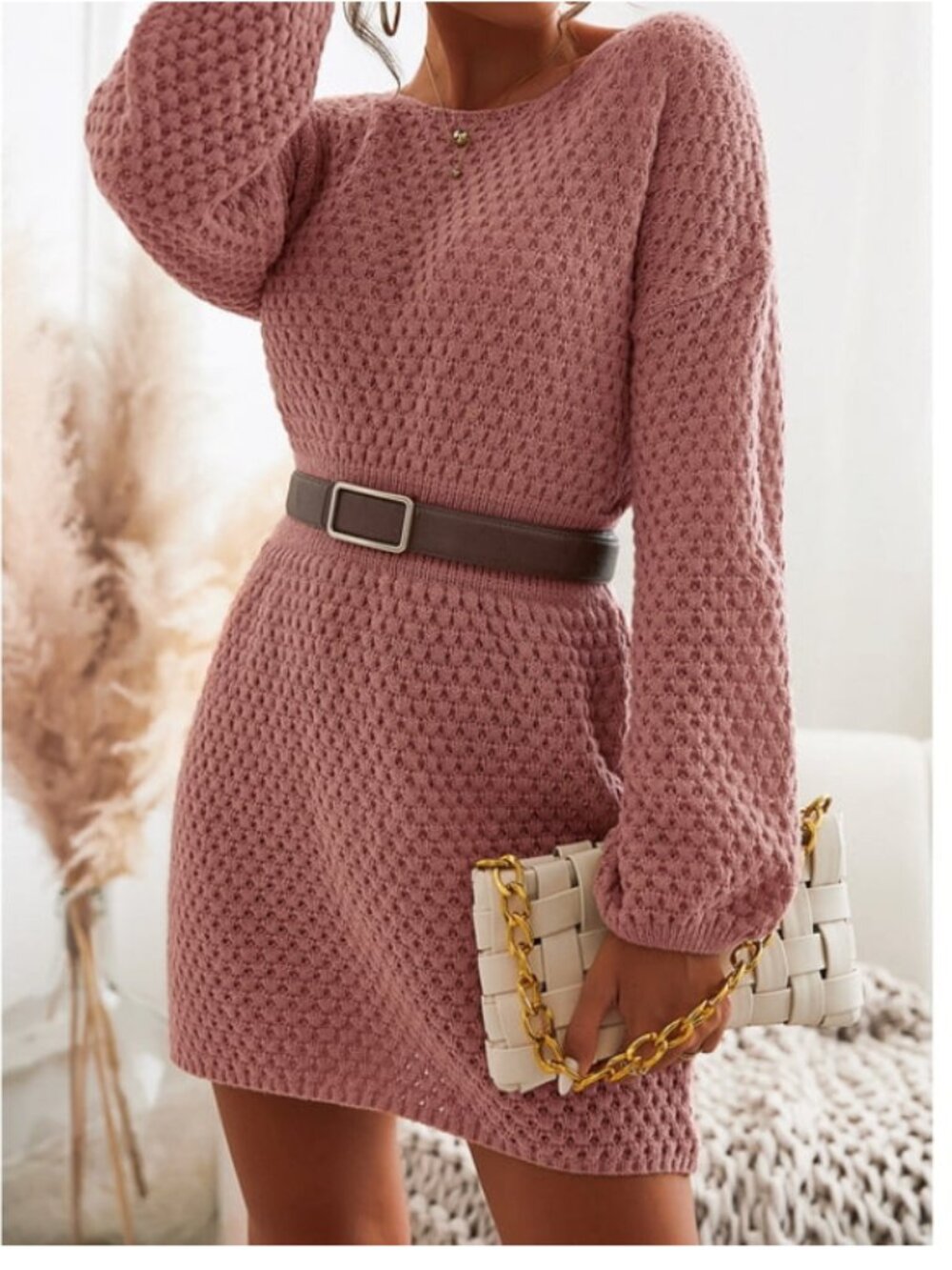 CUPSHE Women's Dress Round Neck Textured Knit Mini Sweater Dress - Picture 5 of 6
